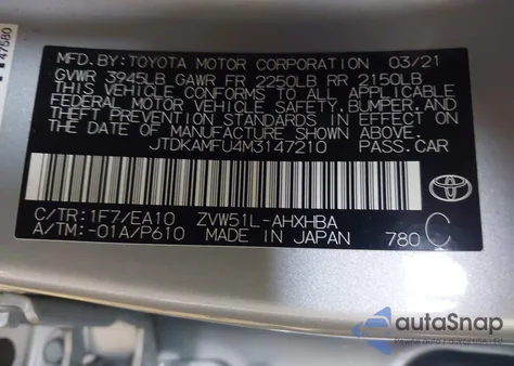 2021 Toyota Prius Xle z USA, uszkodzony, nr VIN JTDKAMFU4M3147210